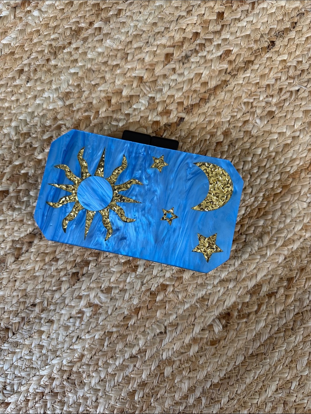 Blue Resin Sun & Moon Clutch with Gold Accents